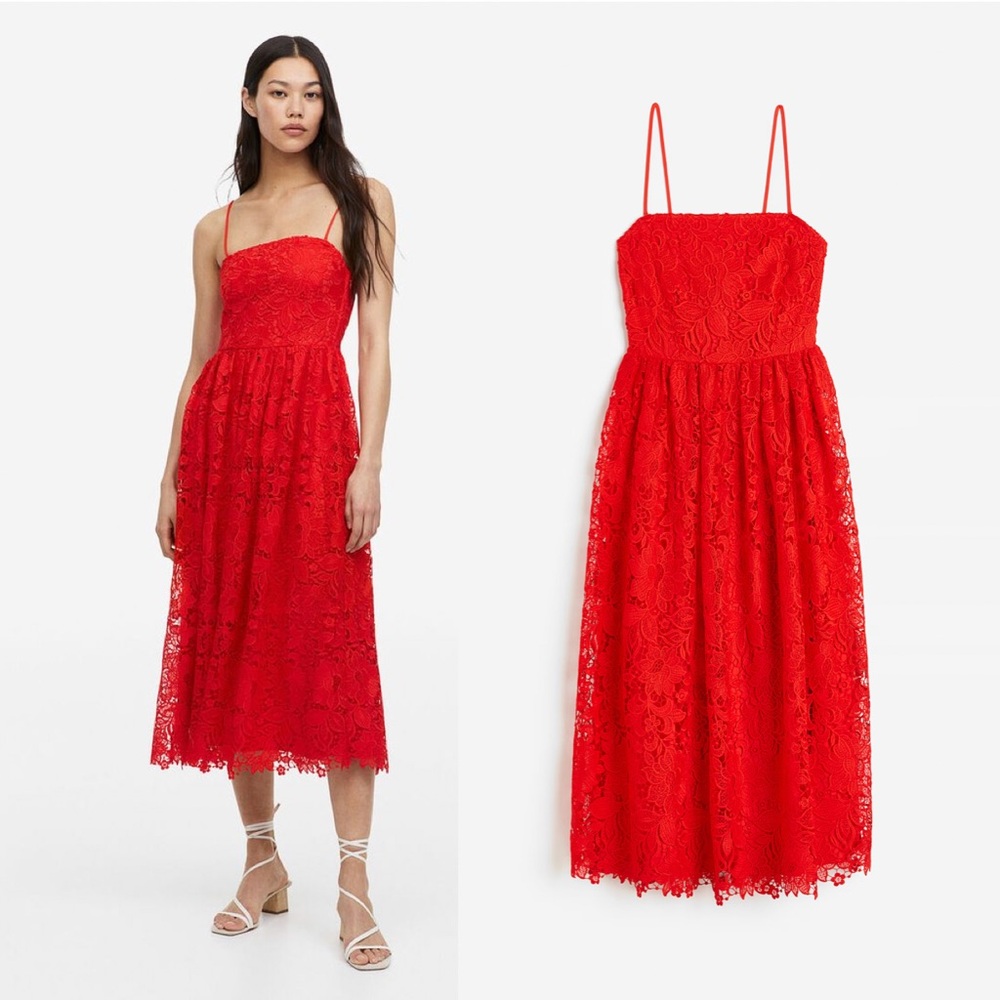 Red H&M Lace Midi Dress with Removable Straps, Large